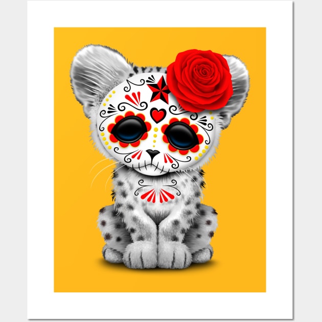 Red Day of the Dead Sugar Skull Snow Leopard Cub Wall Art by jeffbartels